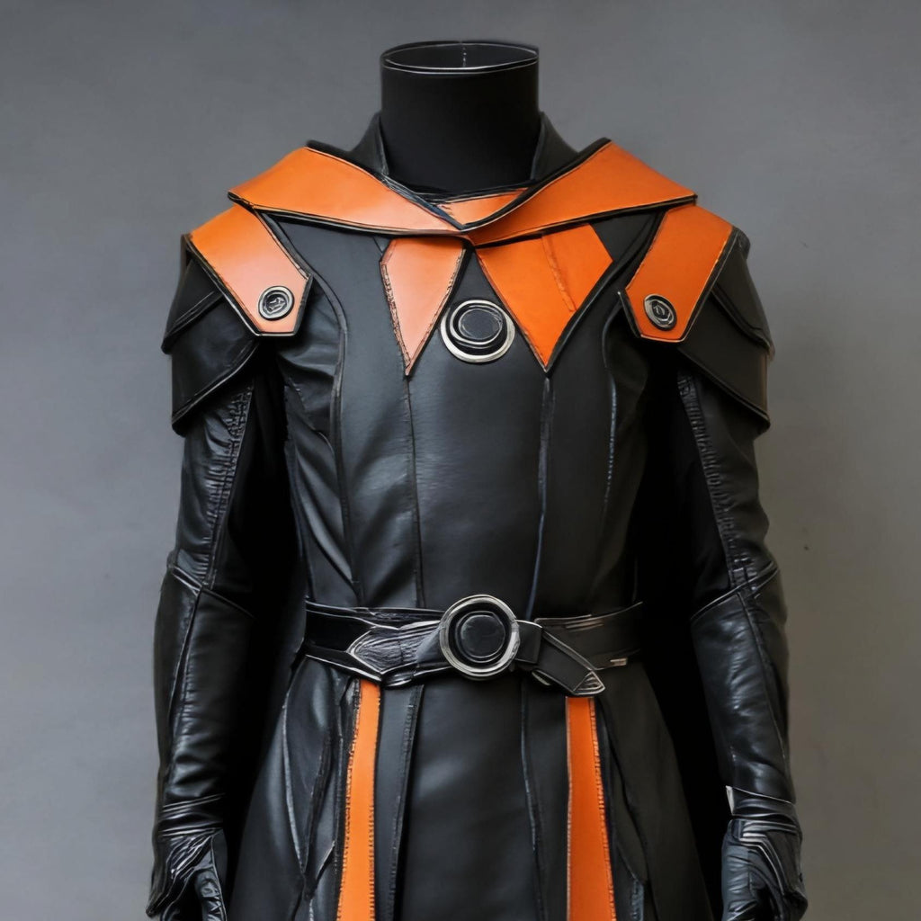 Handcrafted Arcane Warlock Black Orange Leather Armor Coat, Fantasy Mage LARP Cosplay Costume Outfit