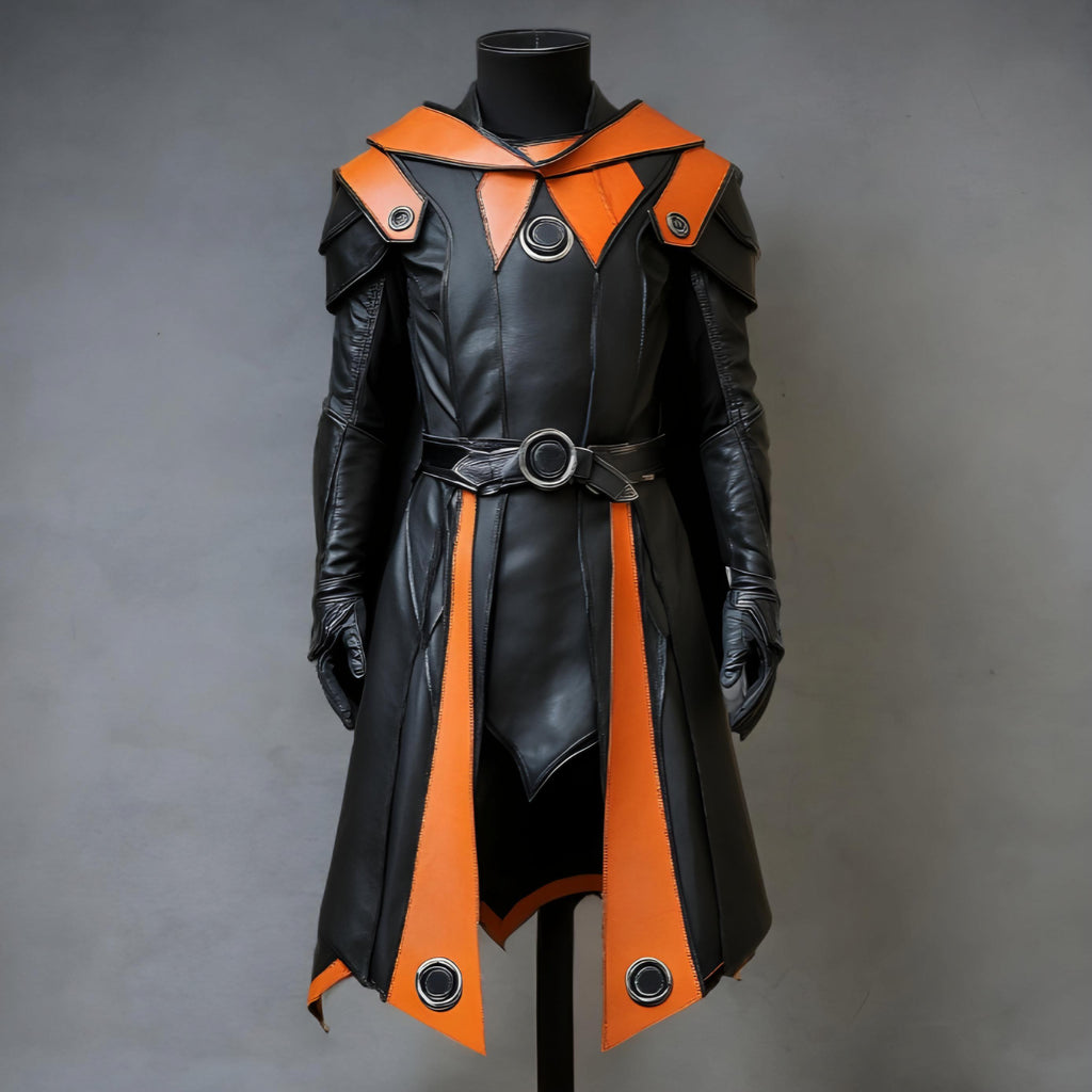 Handcrafted Arcane Warlock Black Orange Leather Armor Coat, Fantasy Mage LARP Cosplay Costume Outfit