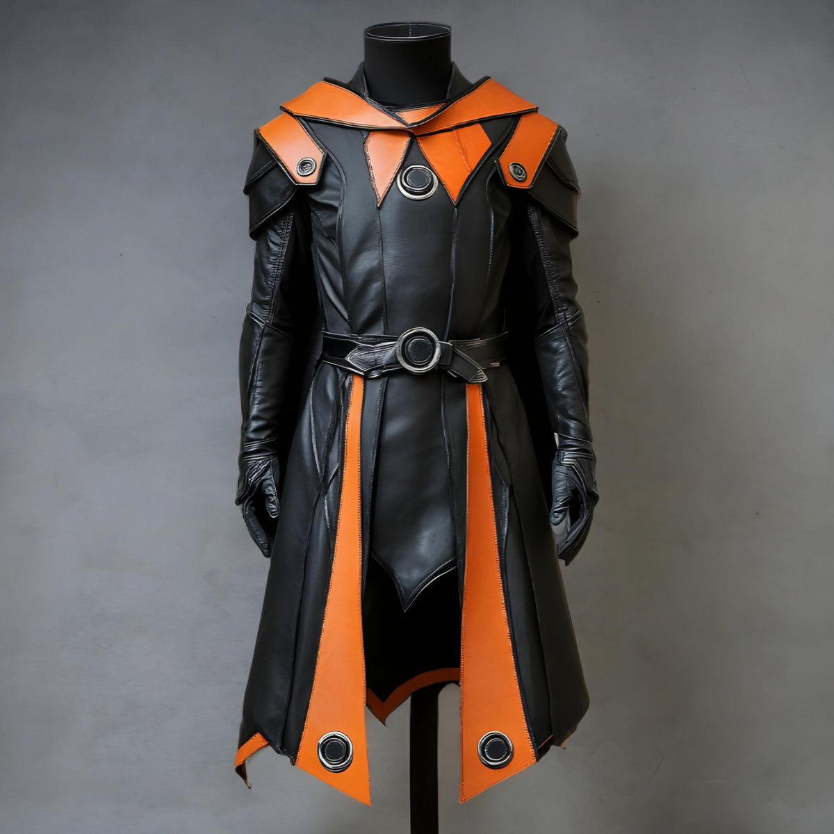 Handcrafted Arcane Warlock Black Orange Leather Armor Coat, Fantasy Mage LARP Cosplay Costume Outfit