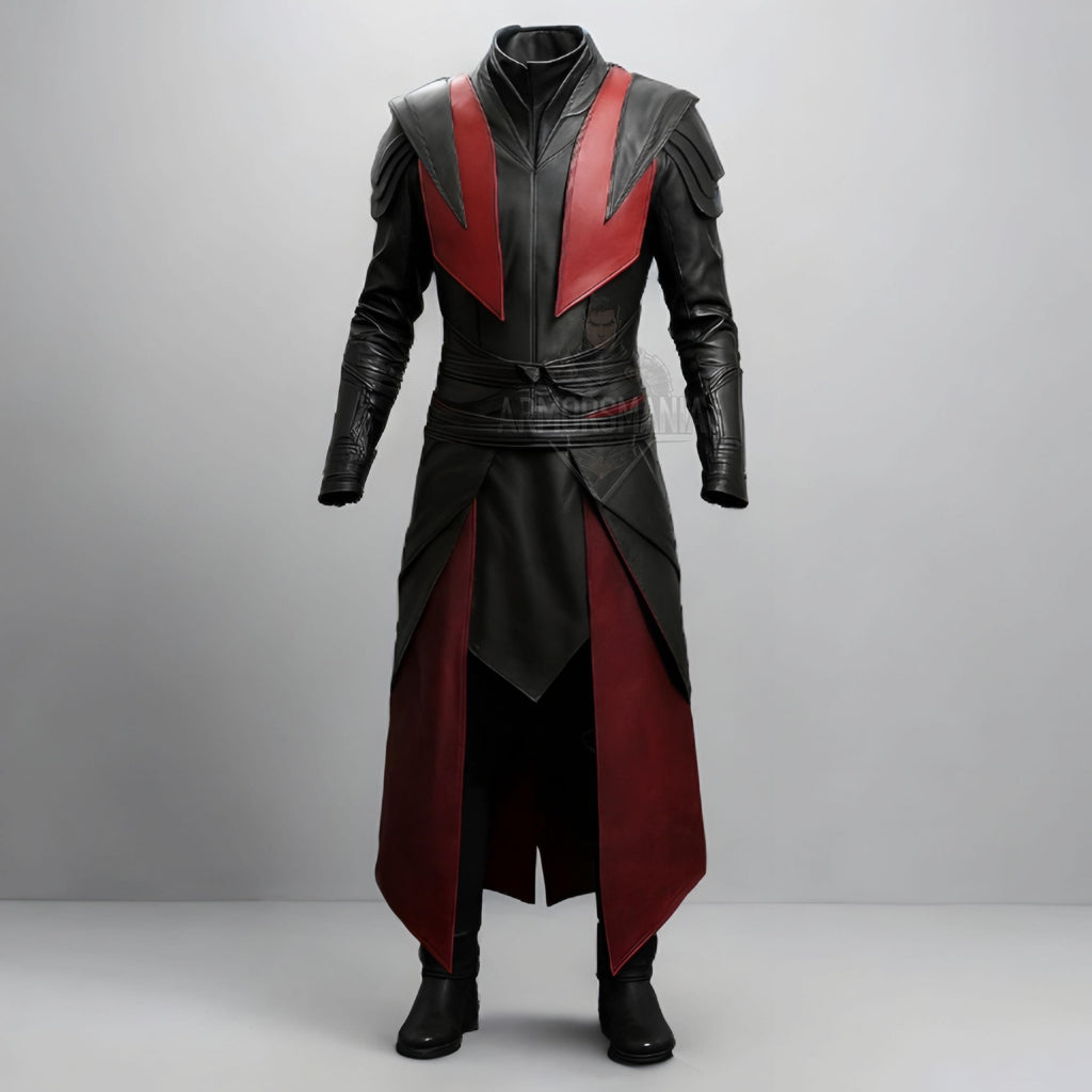 Handcrafted Crimson Reaper Black Red Leather Gothic Armor Coat Cosplay Costume LARP Outfit Set