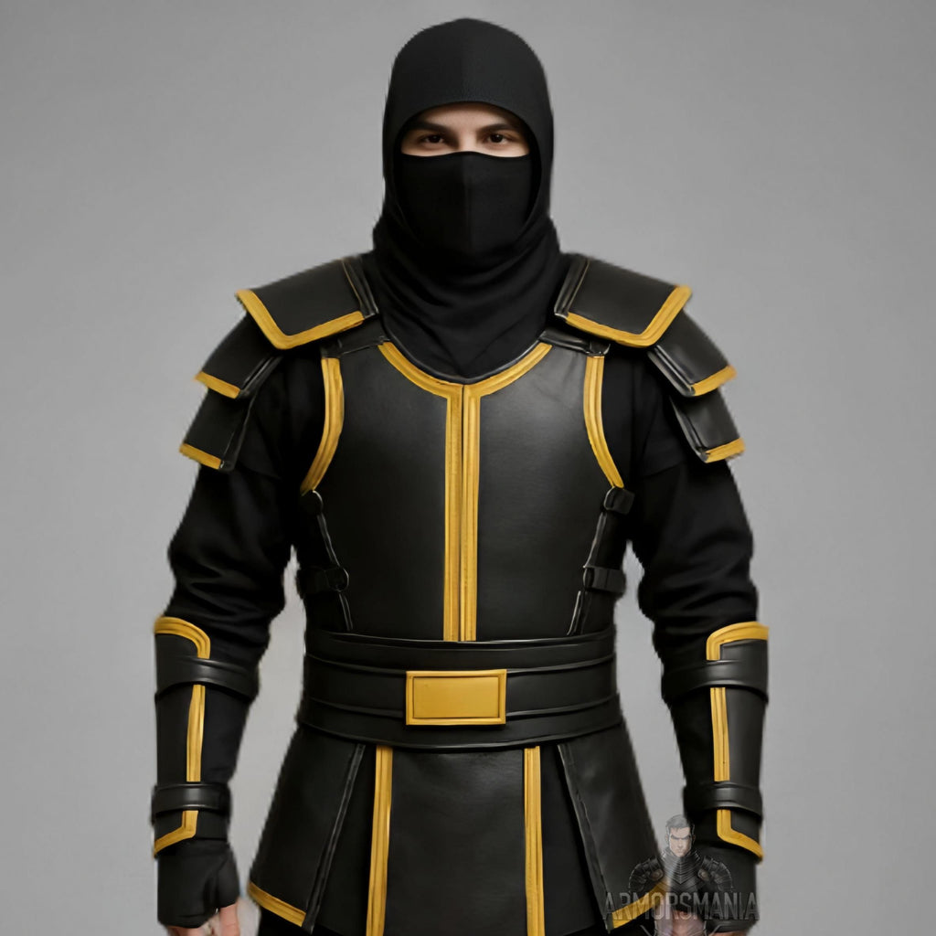 Handcrafted Shadow Gold Ninja Black Leather Armor Costume Cosplay LARP Warrior Outfit Set Uniform