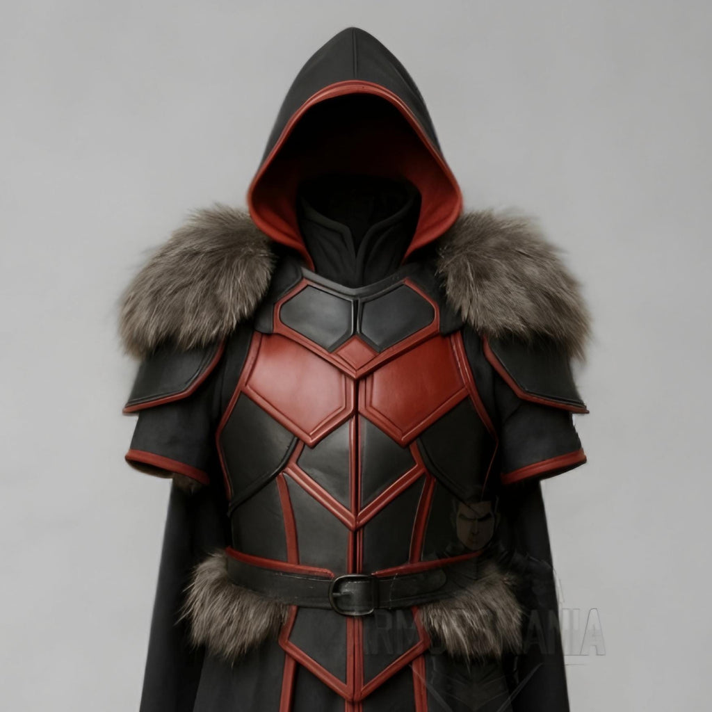 Handcrafted Crimson Shadow Leather Armor Hooded Cloak for Men LARP Cosplay Medieval Fantasy Costume