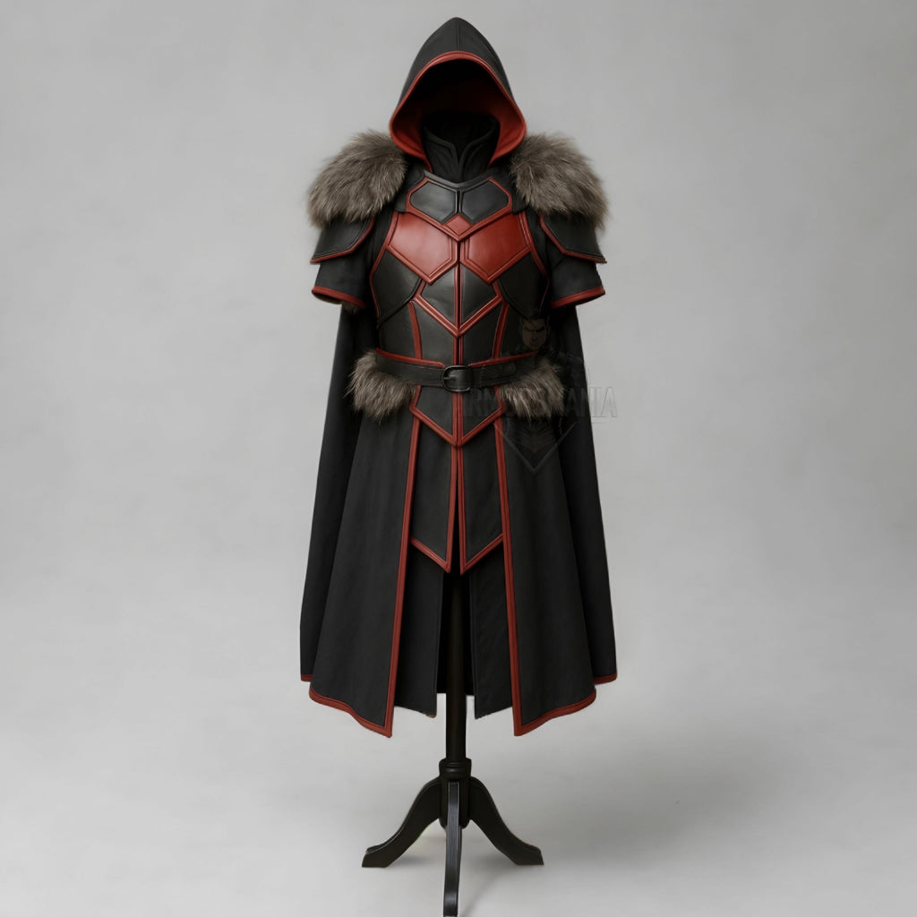 Handcrafted Crimson Shadow Leather Armor Hooded Cloak for Men LARP Cosplay Medieval Fantasy Costume