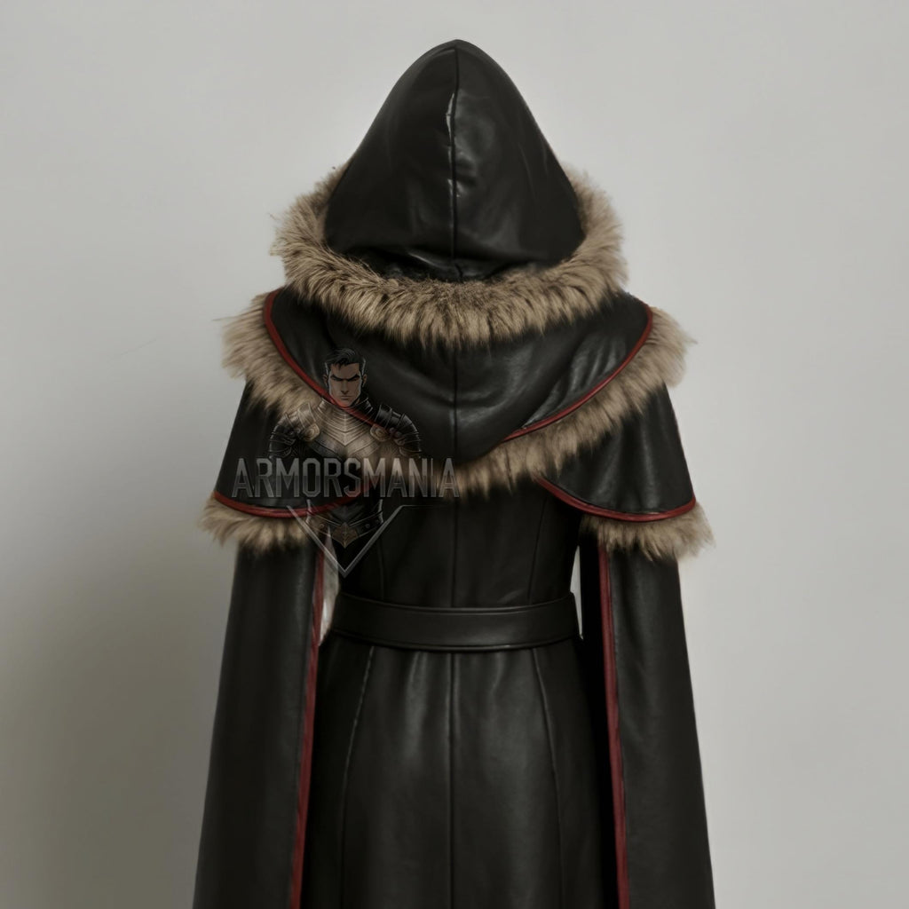 Handcrafted Frost Valkyrie Fur Hooded Leather Armor Cloak, Fantasy Warrior LARP Cosplay Costume Outfit