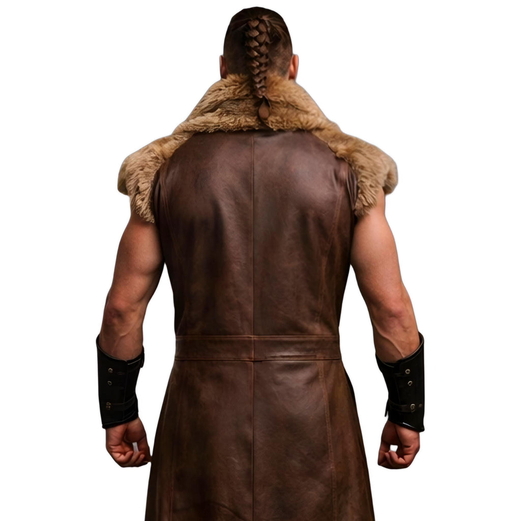 Handcrafted Viking Warrior Fur Leather Coat Medieval Norse Sleeveless Long Costume Armor Mens LARP