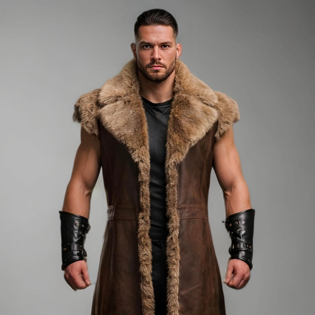 Handcrafted Viking Warrior Fur Leather Coat Medieval Norse Sleeveless Long Costume Armor Mens LARP