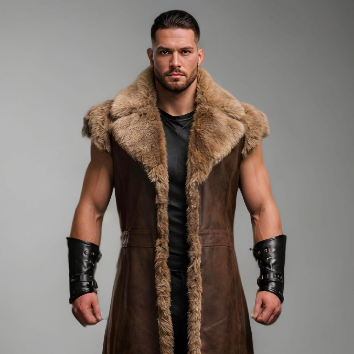 Handcrafted Viking Warrior Fur Leather Coat Medieval Norse Sleeveless Long Costume Armor Mens LARP