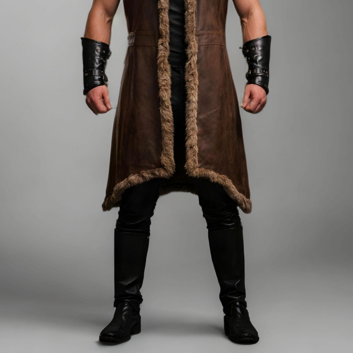 Handcrafted Viking Warrior Fur Leather Coat Medieval Norse Sleeveless Long Costume Armor Mens LARP