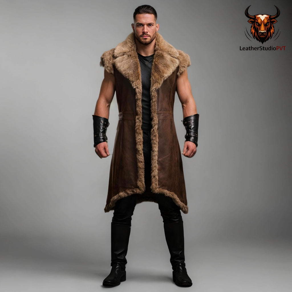 Handcrafted Viking Warrior Fur Leather Coat Medieval Norse Sleeveless Long Costume Armor Mens LARP