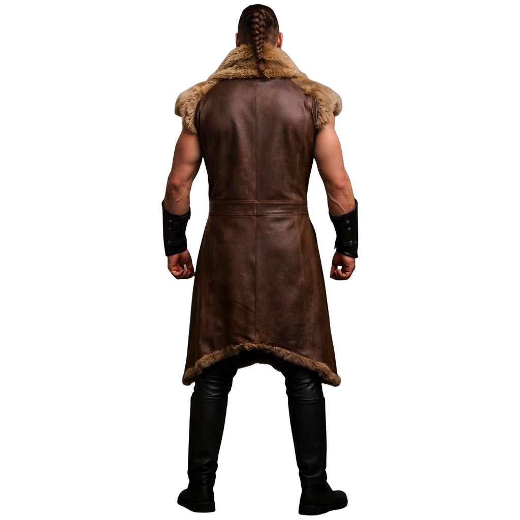 Handcrafted Viking Warrior Fur Leather Coat Medieval Norse Sleeveless Long Costume Armor Mens LARP