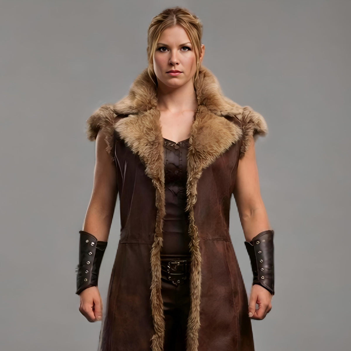 Handcrafted Viking Shieldmaiden Leather Coat Fur Trim Medieval Norse Warrior Costume Women Armor Cosplay