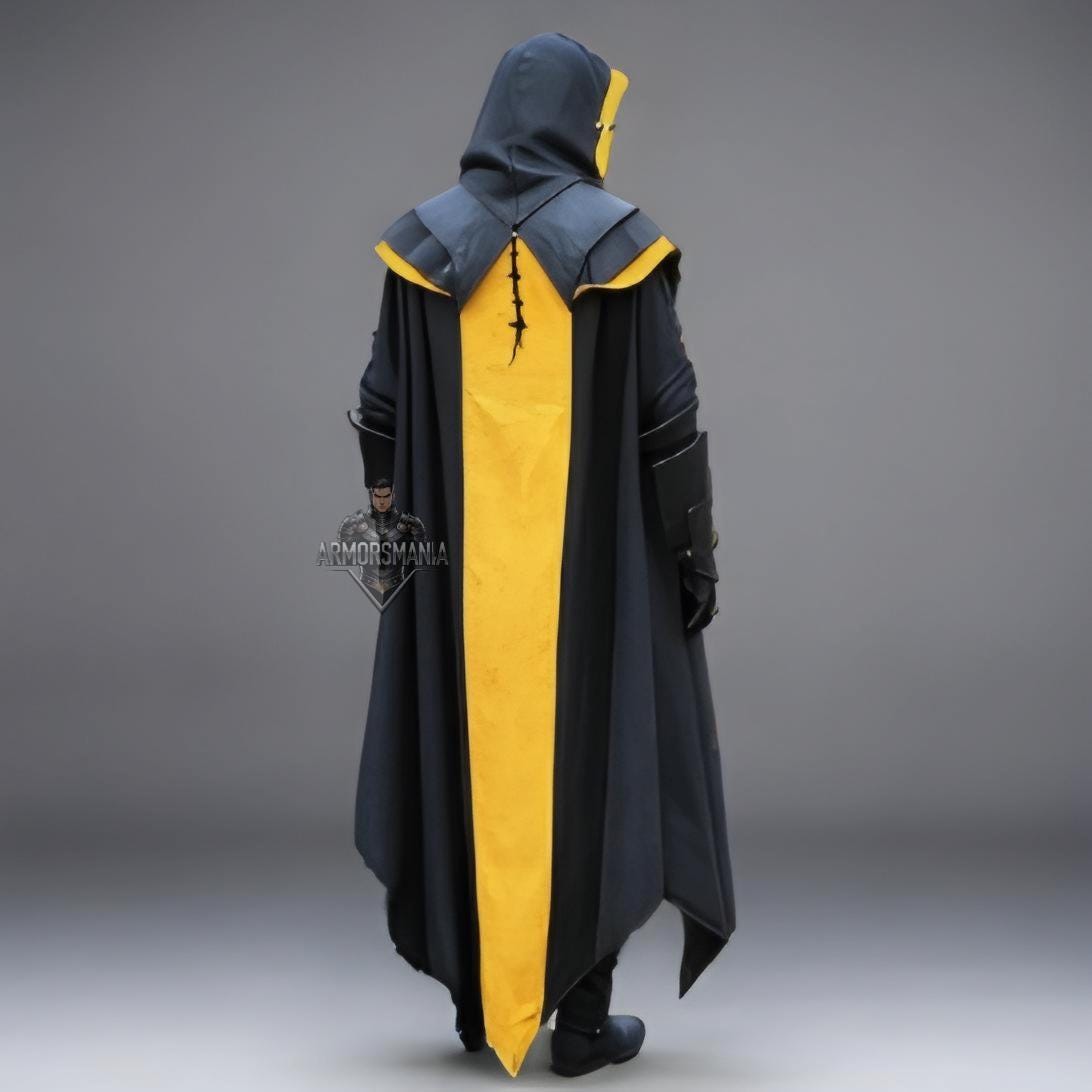 Fantasy Assassin Hooded Leather Cloak Black Orange Cape Cosplay Medieval LARP Costume
