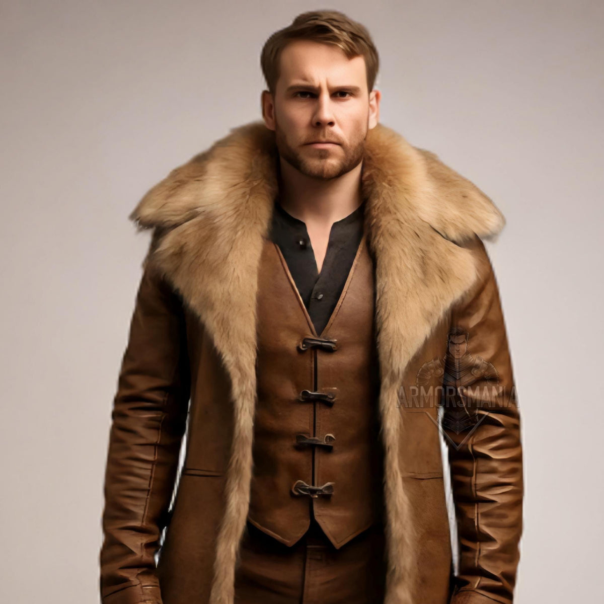 Handcrafted Nordic Warlord Fur Leather Coat, Viking Medieval Warrior Long Jacket LARP Cosplay Outfit