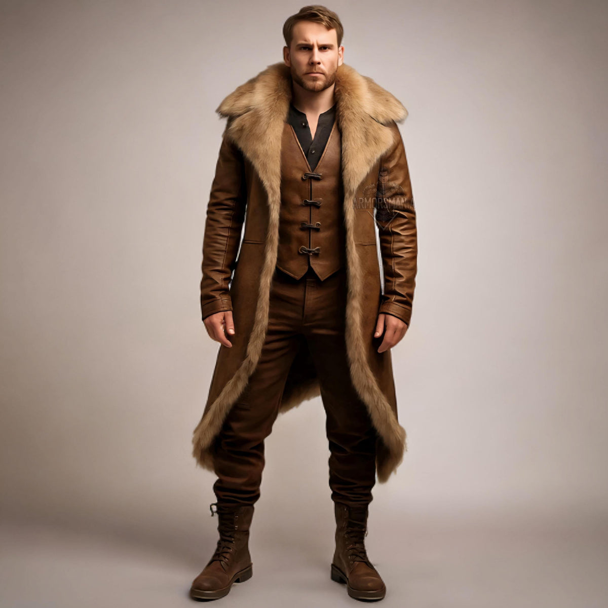 Handcrafted Nordic Warlord Fur Leather Coat, Viking Medieval Warrior Long Jacket LARP Cosplay Outfit