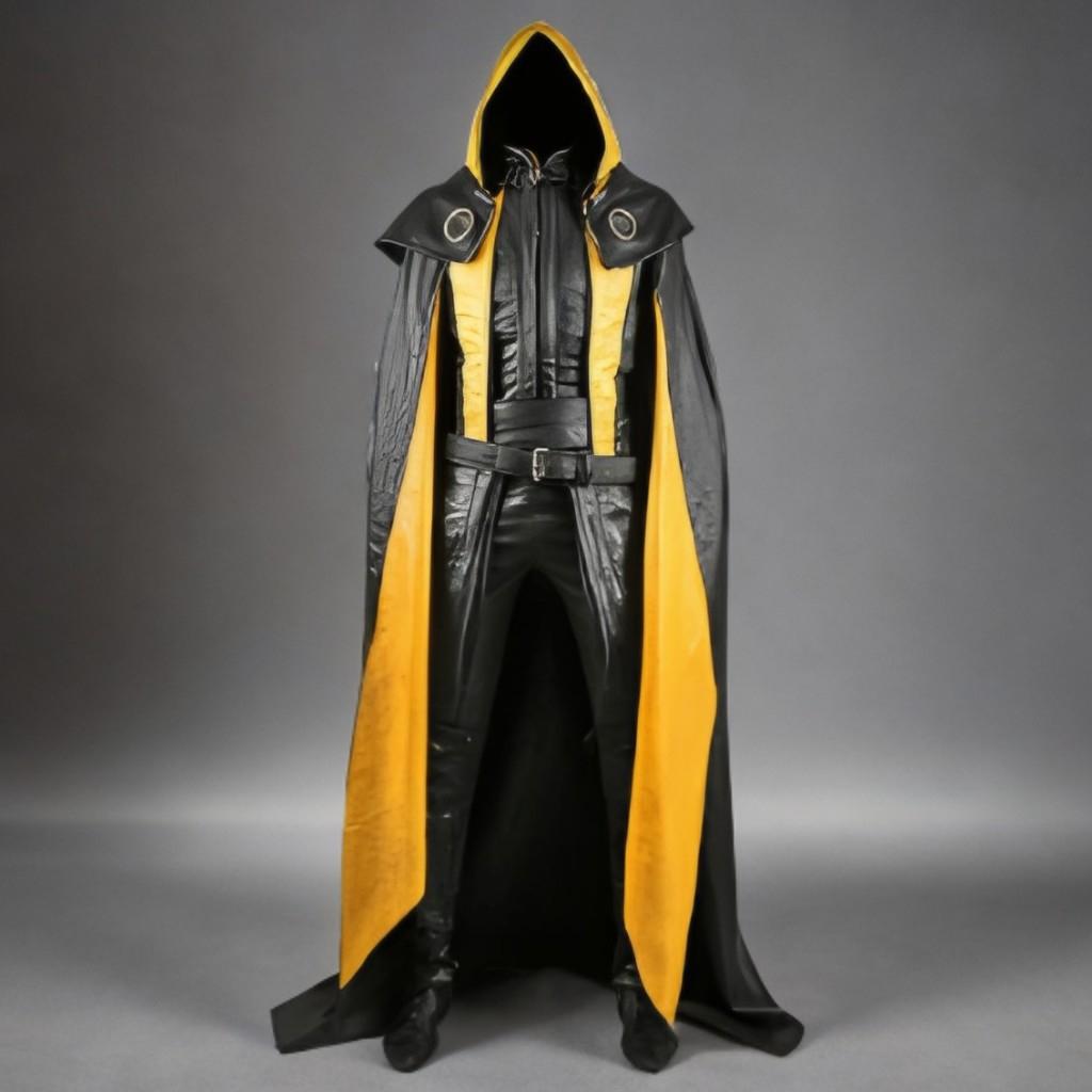Black Yellow Leather Hooded Cloak Cosplay Superhero Medieval Gothic Outfit