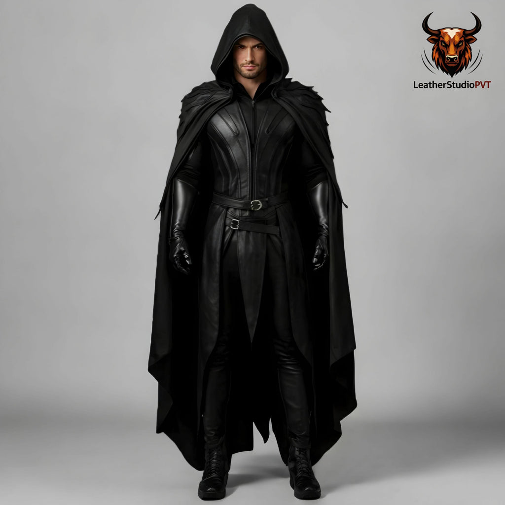 Dark Fantasy Real Leather Warrior Costume | Black Hooded Cloak & Black Chest Armor