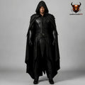 Dark Fantasy Real Leather Warrior Costume | Black Hooded Cloak & Black Chest Armor