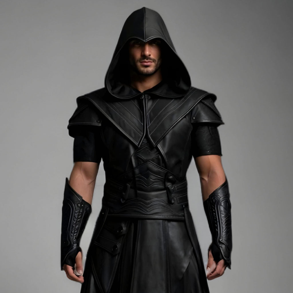 Handcrafted Dark Assassin Hooded Leather Armor Costume Medieval Warrior LARP Cosplay Outfit Men Fantasy