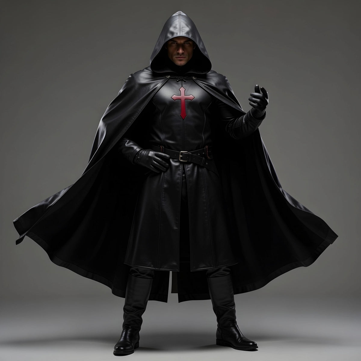 Handcrafted Dark Crusader Hooded Leather Cloak Gothic Medieval Knight Cosplay Armor Costume