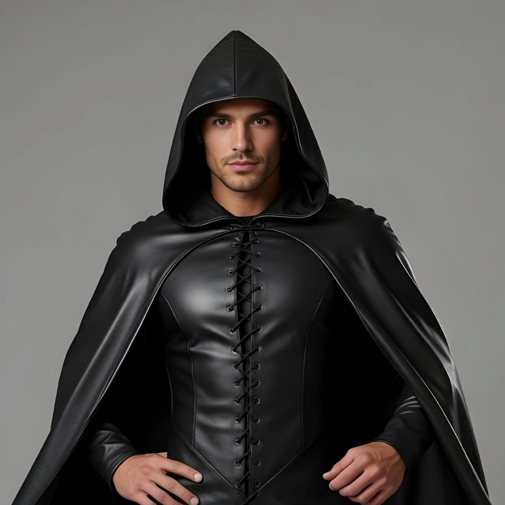 Men's Black Leather Hooded Cloak Cape Fantasy Assassin Cosplay Costume Laced Tunic Gothic Outfit