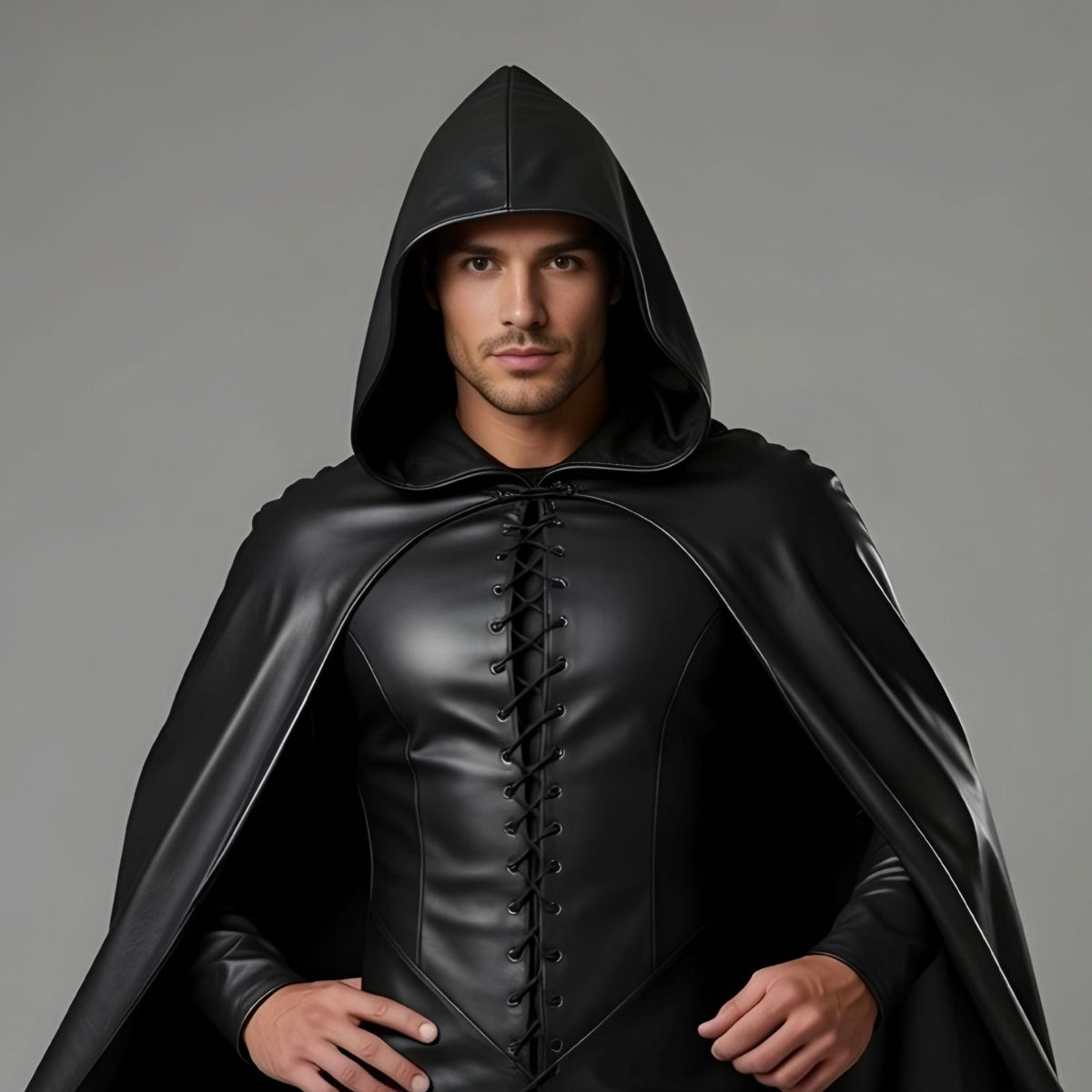 Men's Black Leather Hooded Cloak Cape Fantasy Assassin Cosplay Costume Laced Tunic Gothic Outfit