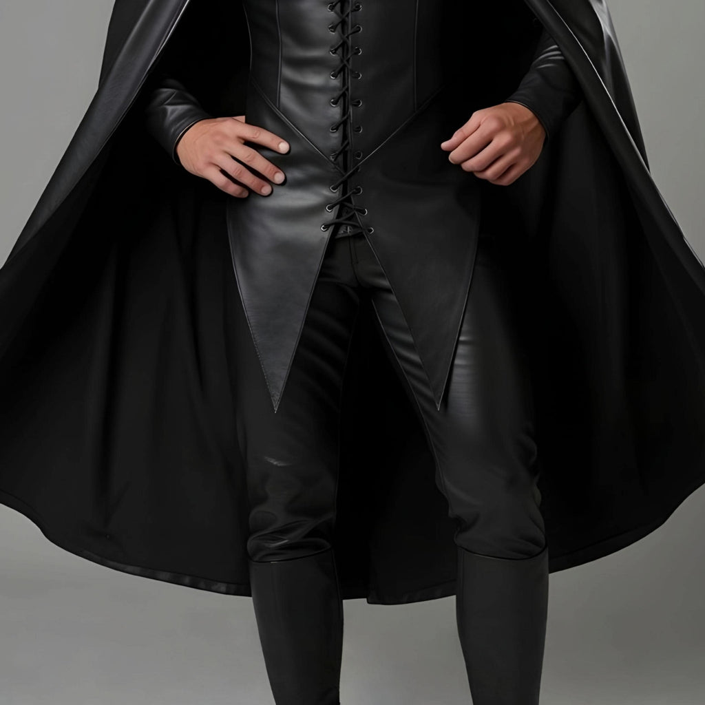 Men's Black Leather Hooded Cloak Cape Fantasy Assassin Cosplay Costume Laced Tunic Gothic Outfit