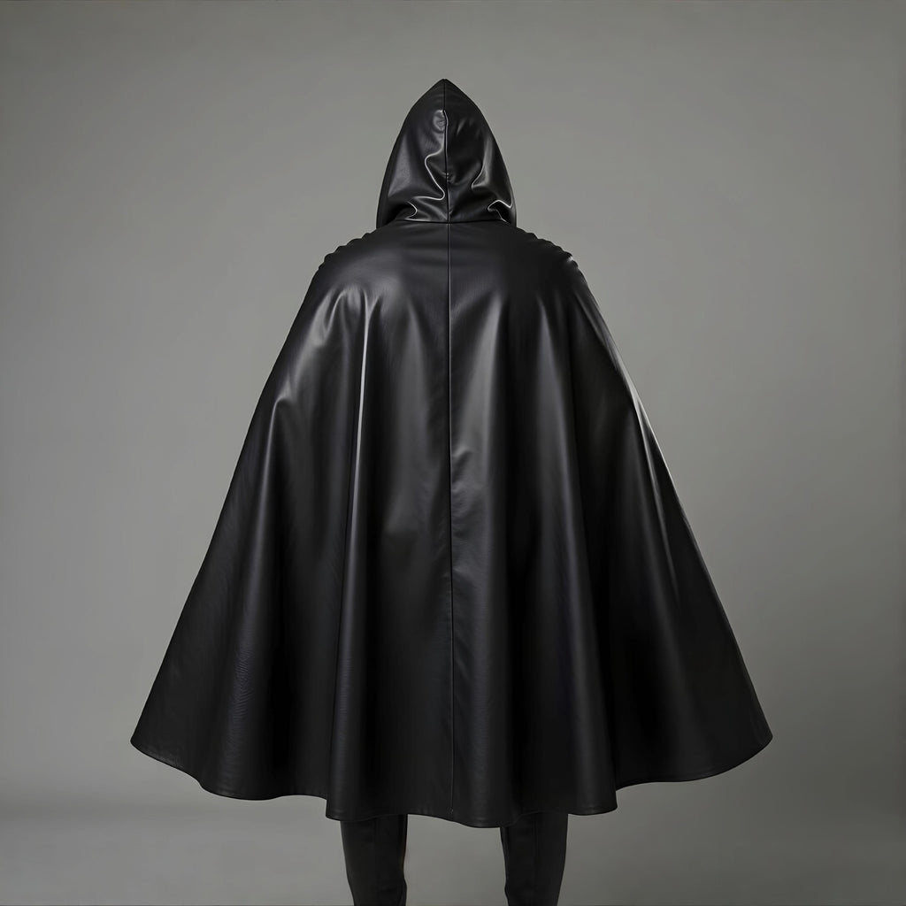 Men's Black Leather Hooded Cloak Cape Fantasy Assassin Cosplay Costume Laced Tunic Gothic Outfit