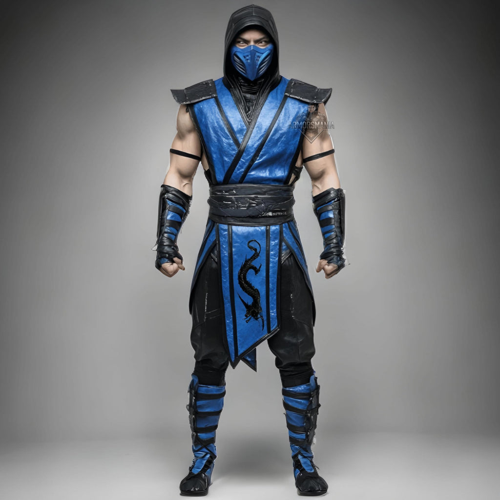 Handcrafted Frost Dragon Themed Blue Black Ninja Cosplay Costume Hooded Armor Outfit Custom Set