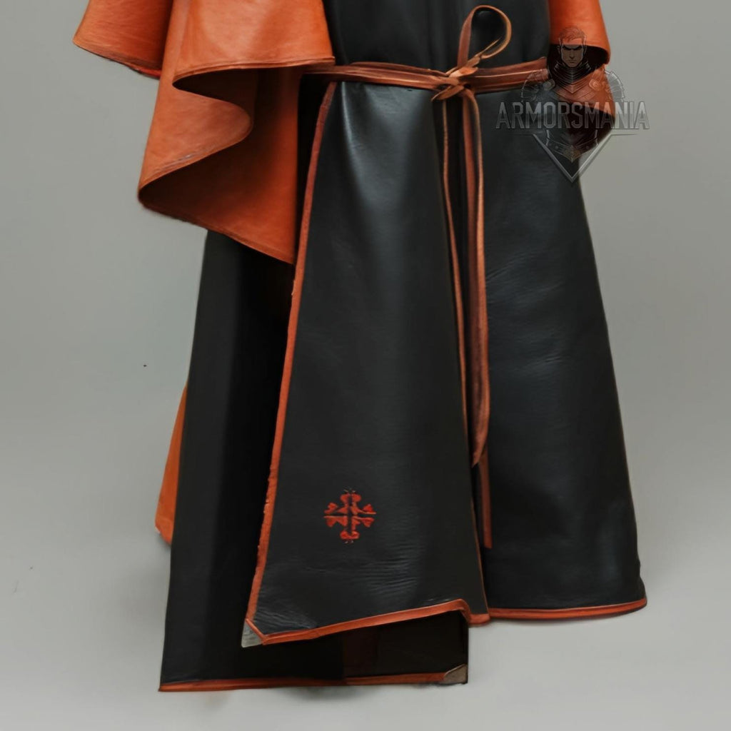 Handcrafted Shadow Cleric Hooded Leather Cloak Robe, Medieval Fantasy Monk LARP Cosplay Costume Outfit