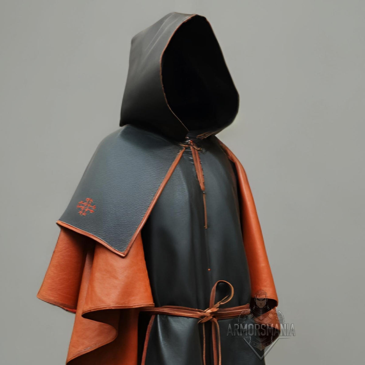 Handcrafted Shadow Cleric Hooded Leather Cloak Robe, Medieval Fantasy Monk LARP Cosplay Costume Outfit