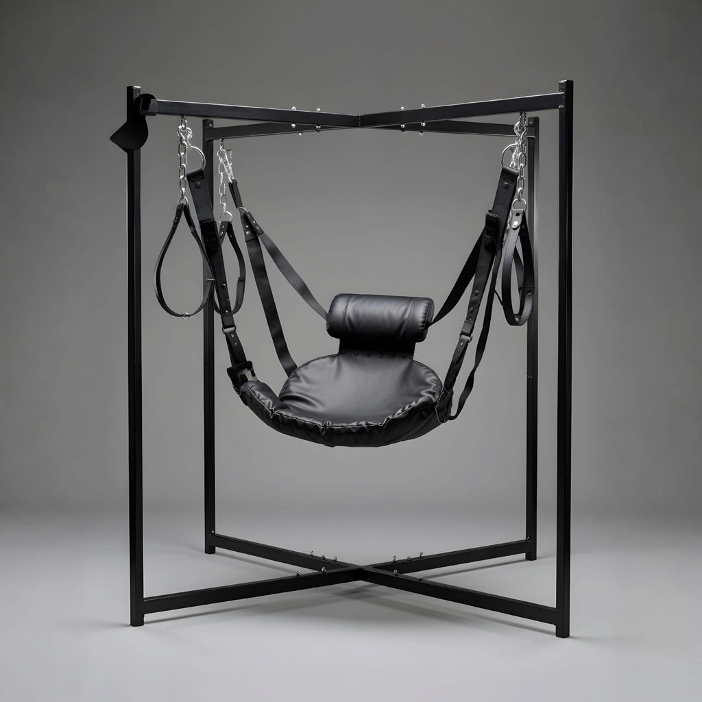 Handmade Leather Suspension Swing with Stand Black Sling for Couples Play Furniture