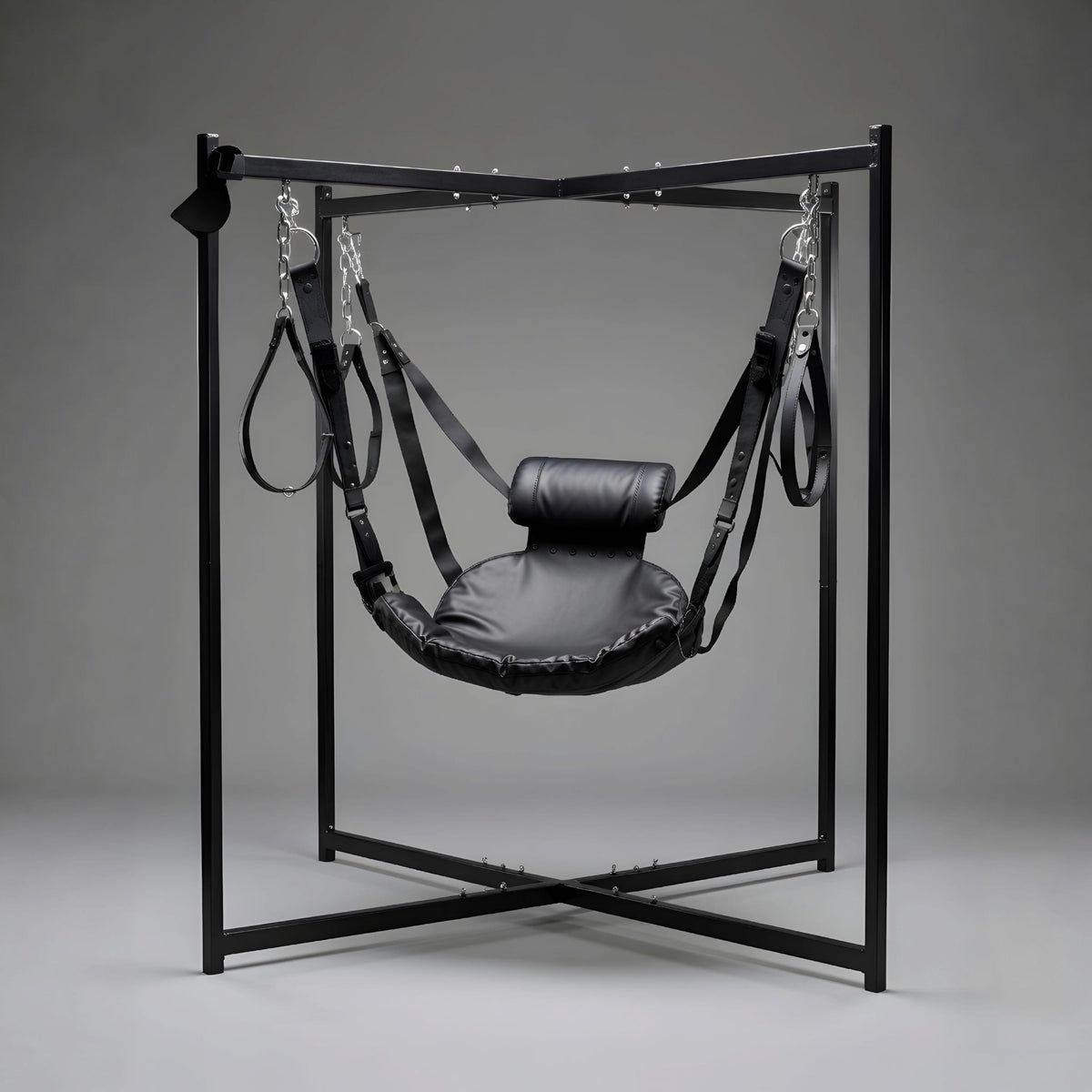 Handmade Leather Suspension Swing with Stand Black Sling for Couples Play Furniture