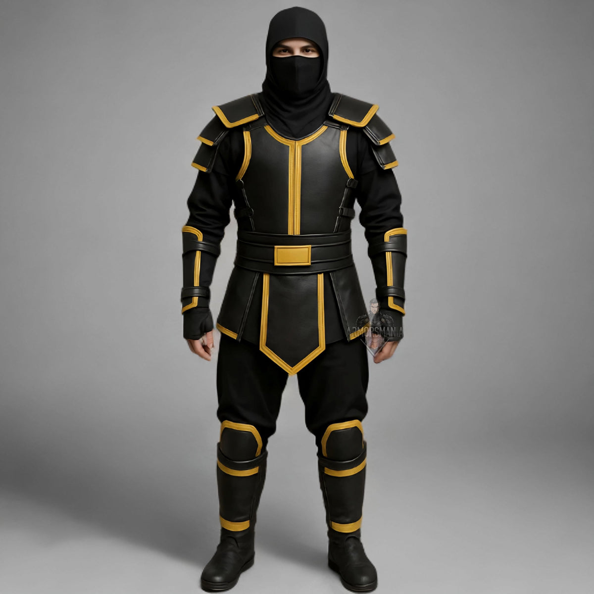 Handcrafted Shadow Gold Ninja Black Leather Armor Costume Cosplay LARP Warrior Outfit Set Uniform