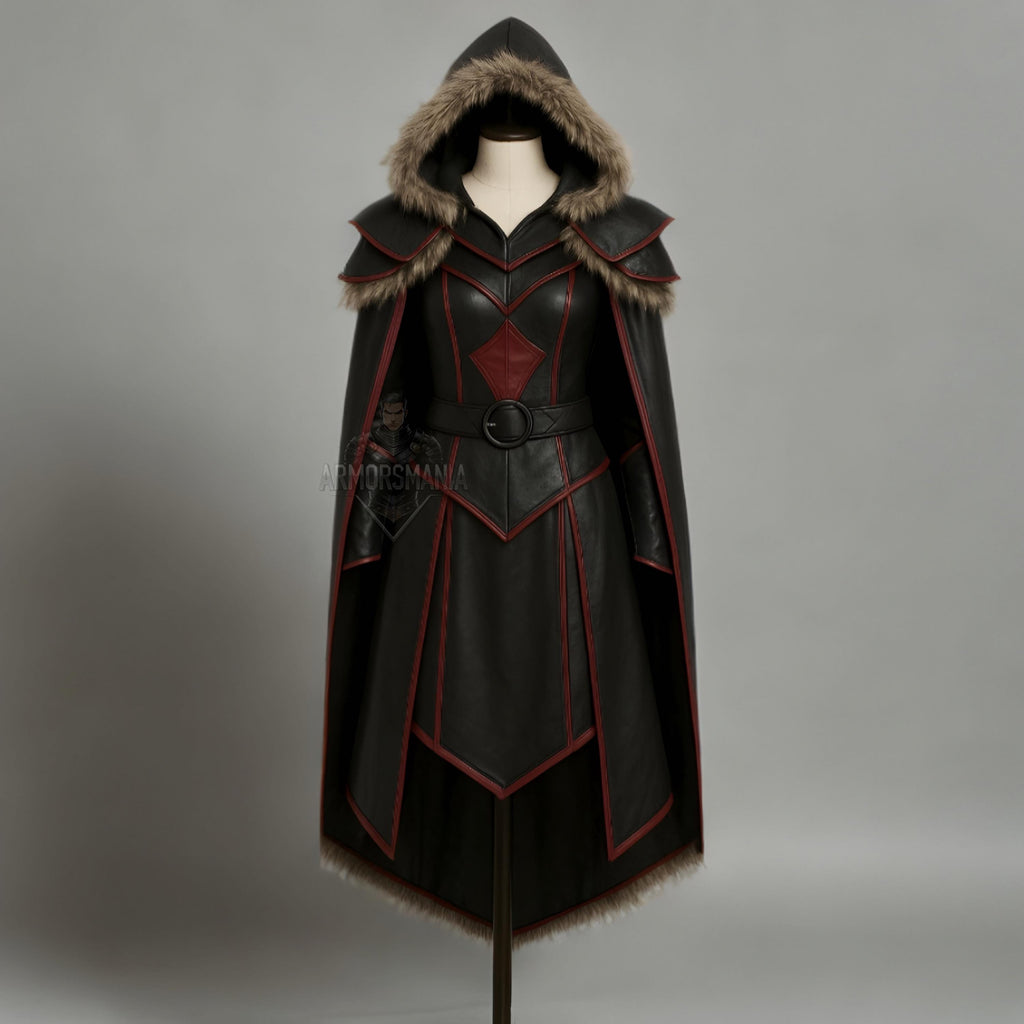 Handcrafted Frost Valkyrie Fur Hooded Leather Armor Cloak, Fantasy Warrior LARP Cosplay Costume Outfit