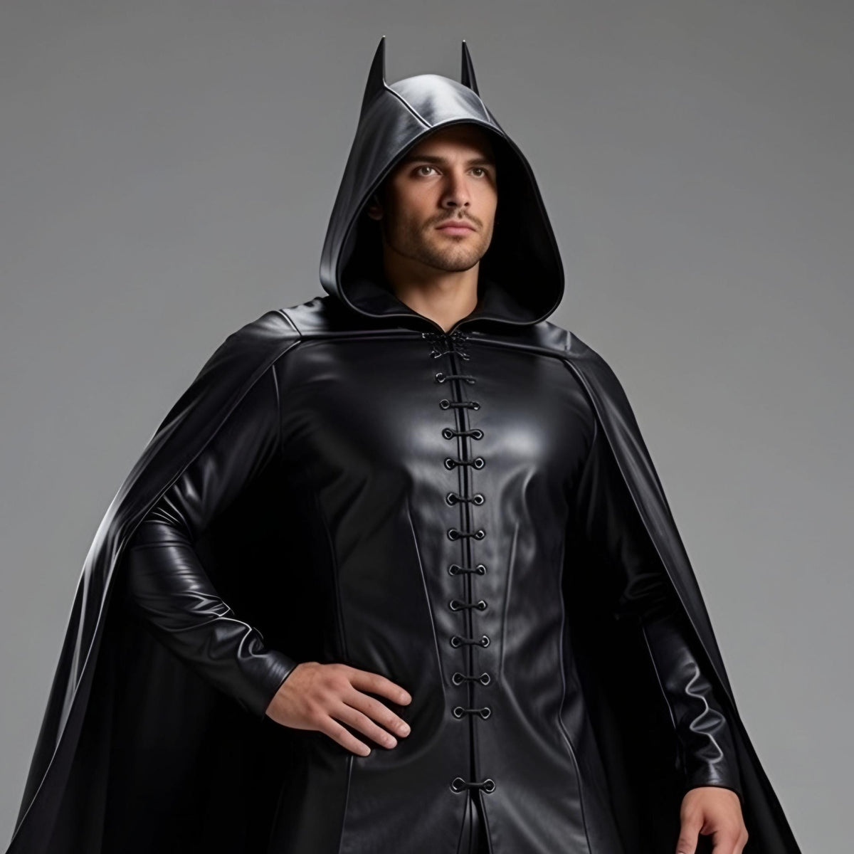 Handmade Batman Men's Black Leather Hooded Cape Cosplay Costume Dark Knight Superhero Gothic Outfit