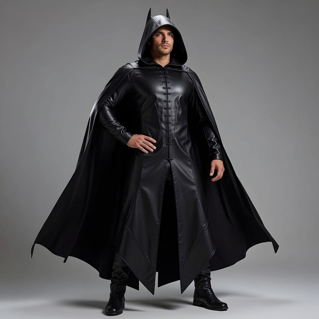Handmade Batman Men's Black Leather Hooded Cape Cosplay Costume Dark Knight Superhero Gothic Outfit