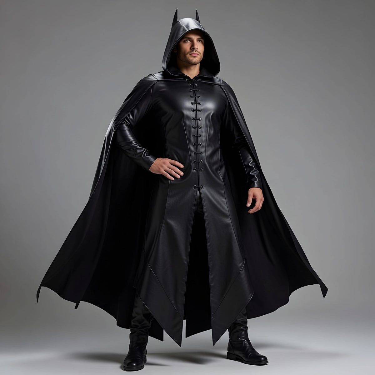 Handmade Batman Men's Black Leather Hooded Cape Cosplay Costume Dark Knight Superhero Gothic Outfit