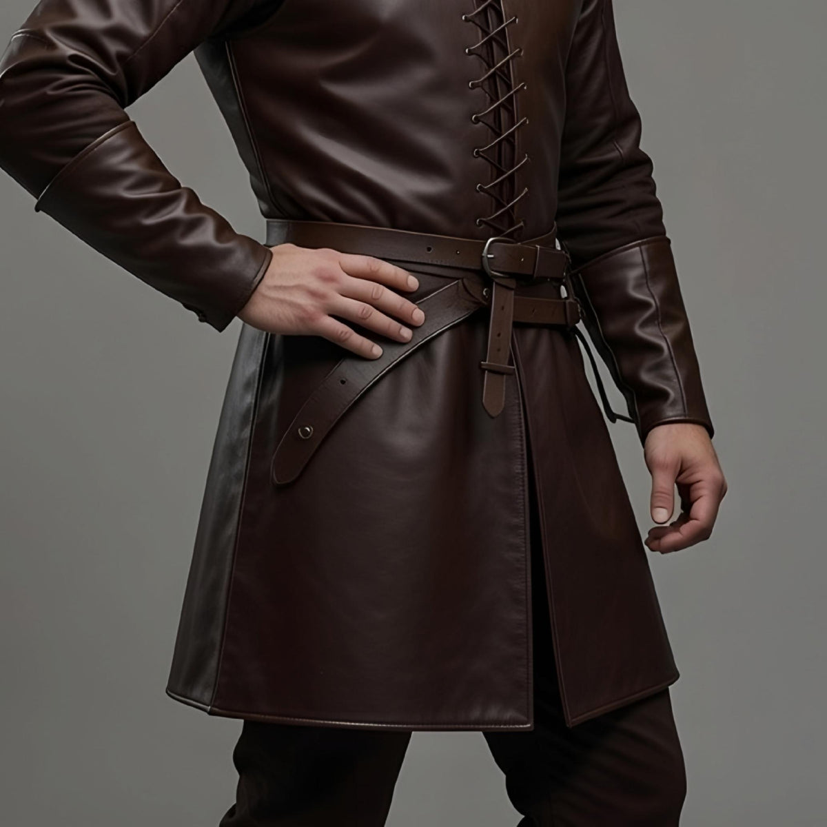 Handmade Men's Brown Leather Fantasy Medieval Knight Tunic Coat Renaissance Cosplay Costume LARP Outfit