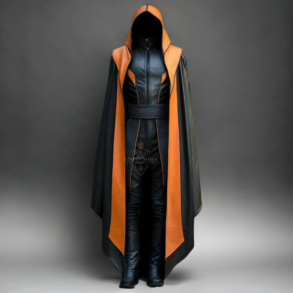 Hooded Leather Cloak Orange Black Cape Cosplay Costume Dark Side Robe