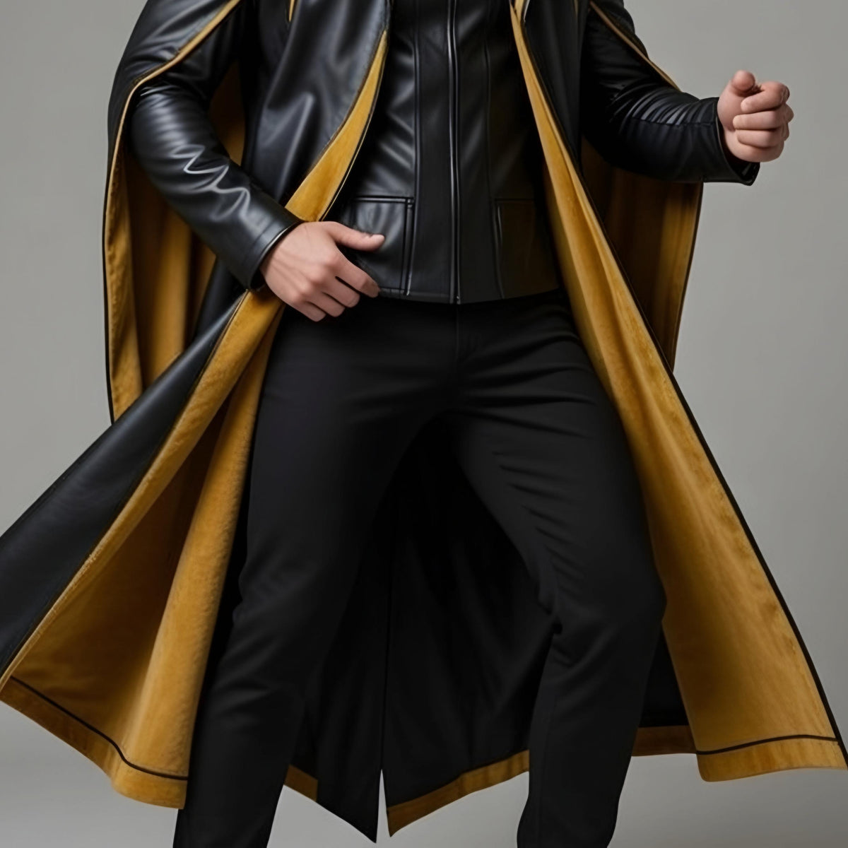 Handmade Gothic Black Gold Leather Hooded Cloak Mens Medieval Fantasy Cosplay Cape Costume