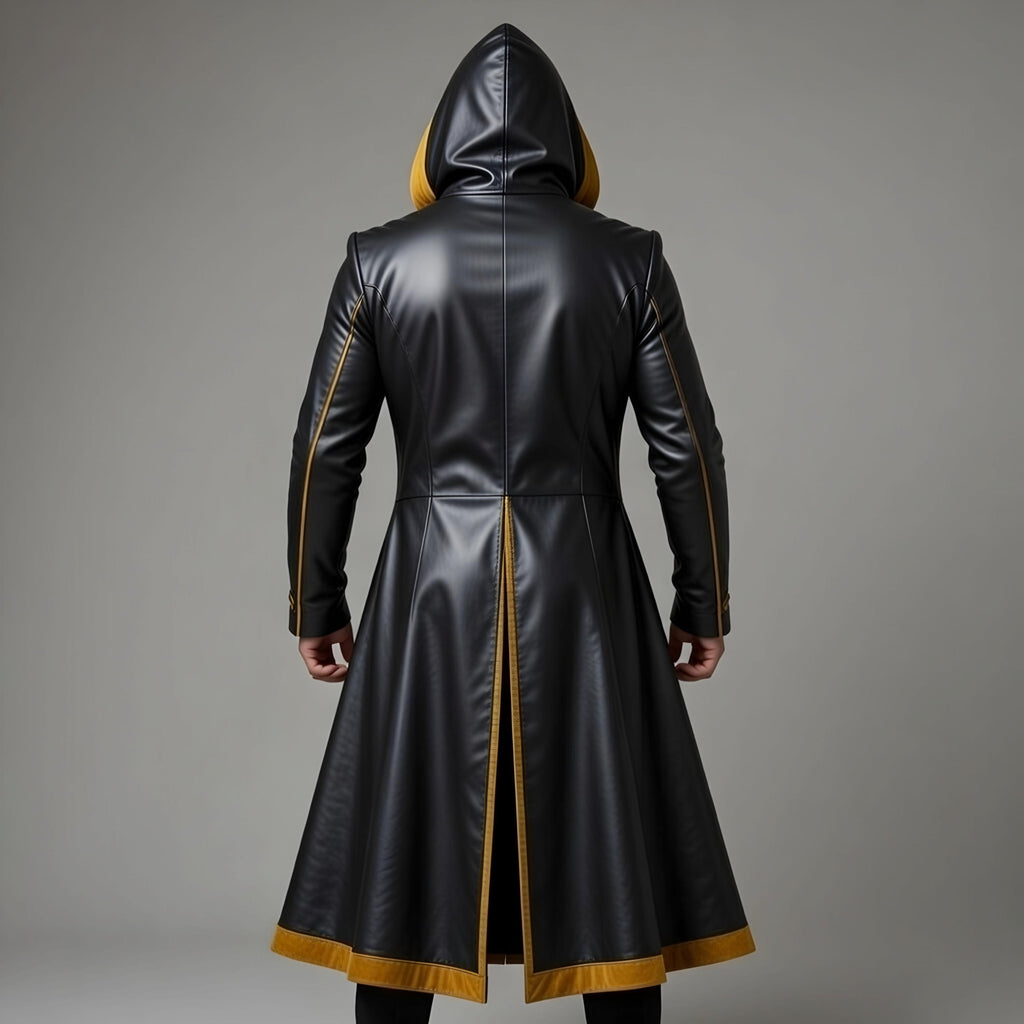 Handmade Gothic Black Gold Leather Hooded Cloak Mens Medieval Fantasy Cosplay Cape Costume