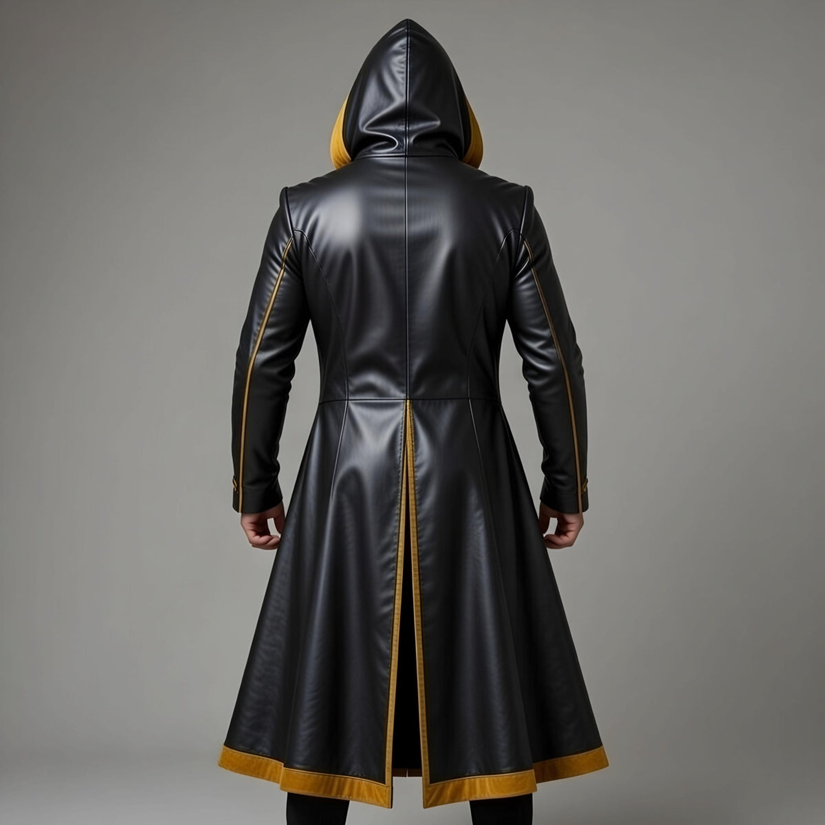 Handmade Gothic Black Gold Leather Hooded Cloak Mens Medieval Fantasy Cosplay Cape Costume