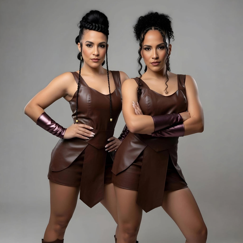 Handmade Brown Leather Mini Dress Set Women Matching Outfits Twin Sister Look Party Wear