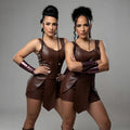 Handmade Brown Leather Mini Dress Set Women Matching Outfits Twin Sister Look Party Wear