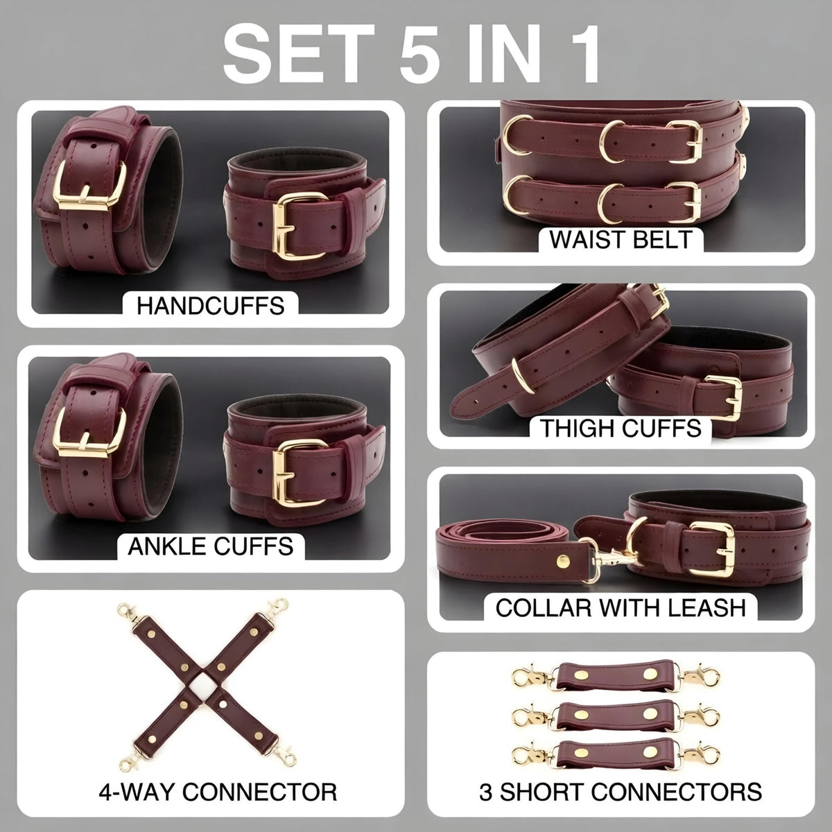 Luxury Leather Restraint Set Kit Cuffs Collar Waist Belt Couples Gift