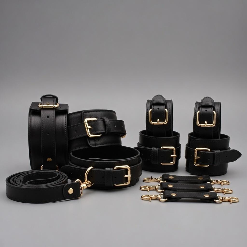 Luxury Leather Restraint Set Kit Cuffs Collar Waist Belt Couples Gift