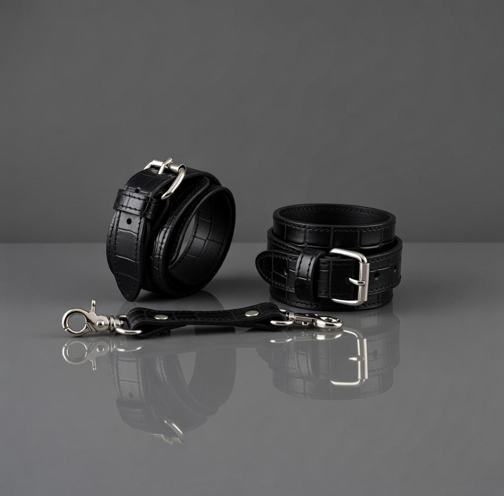 Luxury Black Crocodile Leather Restraint Set 2in1-5in1 Adjustable Cuffs Collar