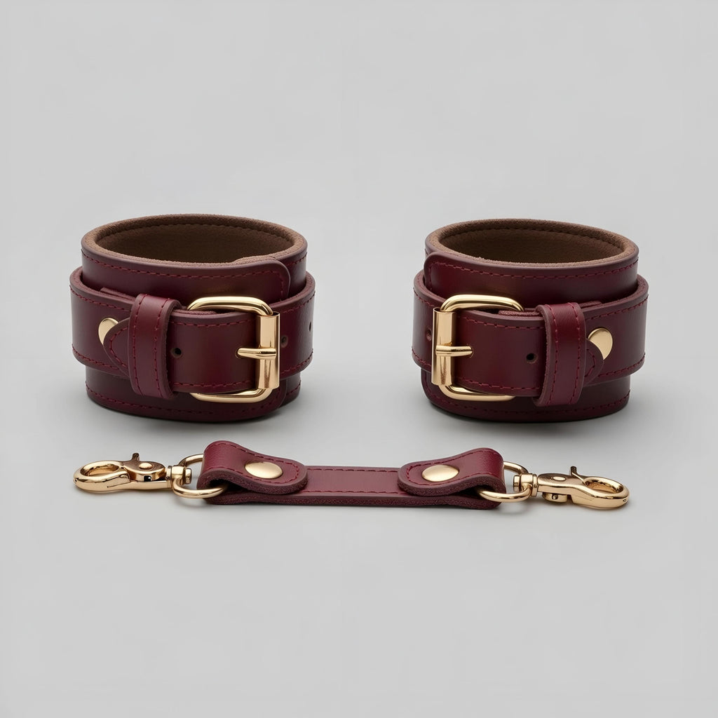 Burgundy Leather Cuffs Set Wrist Ankle Restraints Adjustable