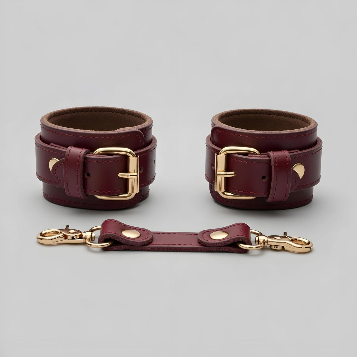 Burgundy Leather Cuffs Set Wrist Ankle Restraints Adjustable