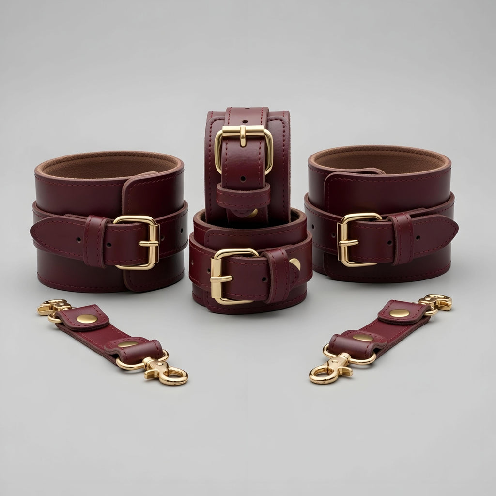 Burgundy Leather Cuffs Set Wrist Ankle Restraints Adjustable
